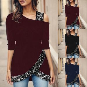 Polos femininos com emenda de lantejoulas sem alças de manga comprida casual blusa feminina tops cortados