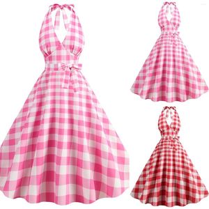 Vestidos casuais mulheres 1950 rockabilly vestido sem mangas halterneck vintage verificado uma linha festa de casamento floral para mulheres