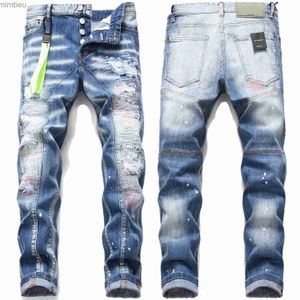 Mäns jeans ljus lyxiga män smala fit sömmar dekorer blå denim byxor av hög kvalitet vit bläck stänk repor jeans sexiga casual jeans; l240109