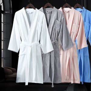 100% Cotton Men Suck Water Long Terry Bath Robes Plus Size Kimono Waffle Bathrobe el Towel Dressing Gowns Women Spa Sleepwear 240109