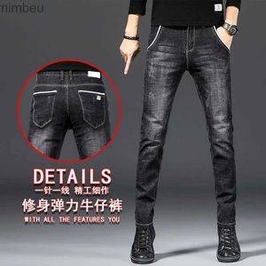 Erkek kot yeni stil erkekler düz ince siyah kot yüksek kaliteli çizikler streç pantolonlar Kore seksi gündelik mavi kot pantolon; l240109