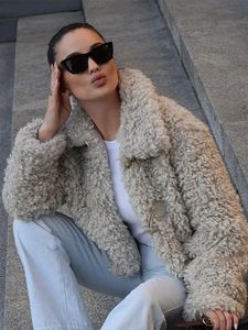 Zbza Women's Short Faux Fur Jacket Winter Lapel長袖Lambwool Plush Thapeen Coatem