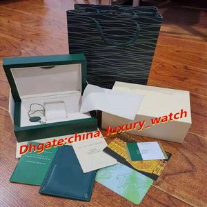 Lådor Dark Green Watch Box Gift Woody fodral för broschyrkorttaggar och papper på engelska schweiziska klockor lådor268b