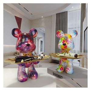 Objetos decorativos estatuetas estátua de urso com bandeja de armazenamento animal artesanato resina scpture chaves diversos lanches mesa decorações otr3c