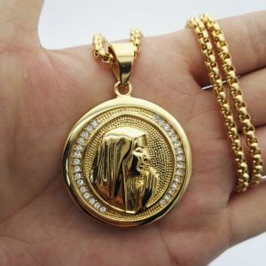 Religious Virgin Mary Women Jewelry Necklace Golden Color 14k Yellow Gold Madonna Pendant Necklaces For Woman