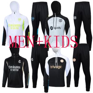 Man +Kids Hooded Soccer Tracksuits Set Real Madrids Tracksuit Set 2023 2024 Football Kit Chandal Futbol Survetement Barcelona Training Suit Soccer Jacket S-2XL