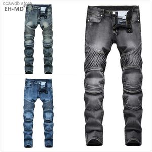 Erkekler Kot Ehmd Motosiklet Patchwork Kot Patchwork Erkek Balık Ölçekleri Dekorasyonlu İnce Slim Fit Pleased Yüksek Elastik Düz Renk Pantolon Sonbahar Kış T240109