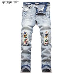 Jeans masculinos de lã perfurada jeans onda arco-íris graffiti alta elástica 3d bordado interno zíper tendência dobra branqueada calças slim fit 2 t240109
