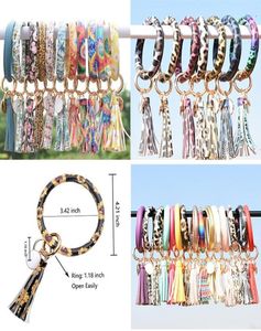 Mody kobiety Tassels Bracelets Bangle Pu skórzany impreza Kluczowy pierścień Lopard Lily Drukuj na rękę klawisza kroplówka krążka okrąg