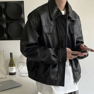 2024 männer Casual Textur PU Leder Jacke High Street Reißverschlüsse Turndown Kragen Langarm Retro Mantel mit Tasche Herbst