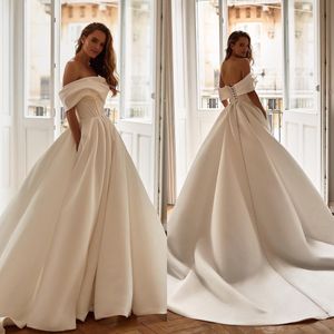 Milla Nova A Line Wedding Dresses for bride Off shoulder satin countries wedding dresses backless buttons designer bridal gowns sweep train