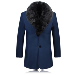 Casaco de lã de inverno masculino gola de pele quente trench coat manteau homme casaco masculino mistura de lã meados longo jaqueta tamanho S-3XL 240109