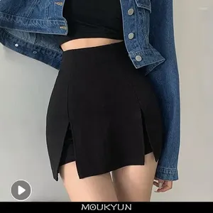 Юбки MOUKYUN, сексуальные шорты с разрезом, юбка, женские офисные летние черные мини-брюки трапециевидной формы с высокой талией и широкими штанинами