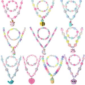 Set di gioielli per bambini, ragazze, unicorno, gatto, uccello, gufo, collana di perline, braccialetti, gioielli per bambini