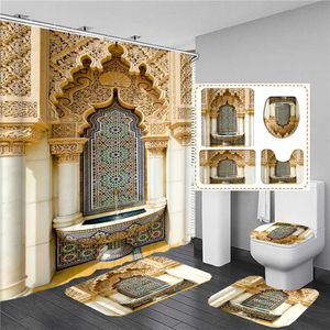 Duschvorhänge, europäische Retro-Architektur-Wandbilder, Duschvorhang im marokkanischen Stil, Badezimmer-Vorhänge-Set, rutschfeste Teppiche, Toilettendeckel-Abdeckung, Badematte
