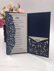 2023 Navy Blue Laser Cut Pocket Wedding دعوات زفاف أجنحة تخصيص مع مُلاحق زفاف مظروف فارغ مخصص inner 5269680