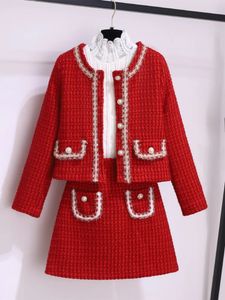 Autumn Winter Fashion Plaid Red Tweed Two Piece Set Women Pearls Single Breasted Fringed Woolen Jackets Coat Pocket Mini Skirt 240109