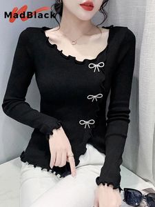 Women's Sweaters MadBlack European Clothes Women O Necks Ruffle Bowtie Diamonds Slim Knit Top Long Sleeve Pullovers Fall Winter T39834JC