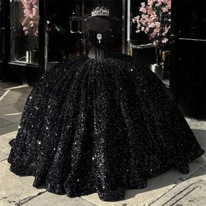 Sequined Black Sweetheart Ball Gown Quinceanera Dress for Girls Crystal Beaded Birthday Party Gowns Prom Dresses Robe De Bal s es