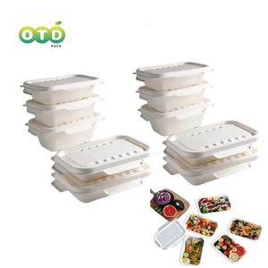 Sugarcane Bagasse Compostable Rectangle Container with 2 Lids Sushi Disposable Meal Prep Takeout Box Food Tray 240108