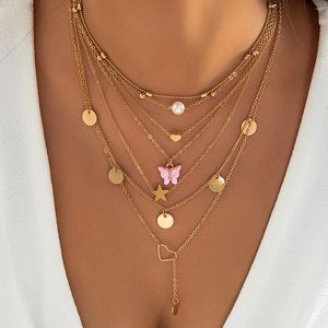 Pingente colares rosa borboleta coração estrela com colar colar feminino 2024 multi camadas cor de ouro metal menina aniversário jóias