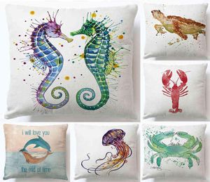 Soft Super Linen Pillow Case Private Rectangular Seahorse Turtle Fish Lovely Animal Sofa Cushion5228993