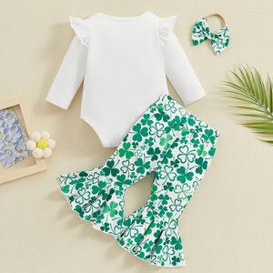 Clothing Sets Infant My 1st St Patrick S Day Baby Girl Outfit Long Sleeve Romper Clover Shamrock Flared Pants Set Born Clothes