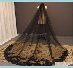 Veils Party EventsCathedral Wedding One Layer 3 Meter Long Bridal With Comb Bling paljetter Lace Gothic Black Veil Head Aessori5129941