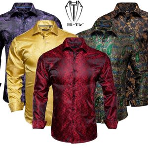 Hi-Tie Long Sleeve Silk Shirts for Men Suit Dress Outwear Male Slim Jacquard Wedding Floral Paisley Gold Blue Red High Quality 240108