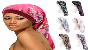 Långt hår Sleep Bonnet Hat Floral Wrap Night Cap Satin Durags Bandana Elastic Wide Band Women Satin Hat Headwear HHA14714049209