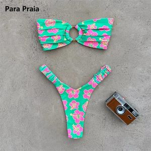 Para Praia Print Bandeau Swimsuit Sexy Thong Swimwear Women Brazilian Bikini Set Strapless Biquini Beachwear Bathing Suit 240109