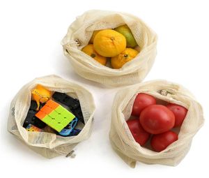 3pcsset Reusable Mesh Produce Bags Organic Cotton Vegetable Fruit Shopping Bags Home Kitchen Grocery Storage Bag Drawstring Bag9720181