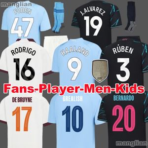 23 24 Haaland Soccer Jersey de Bruyne Grealish Mans Cities Sterling Mahrez Foden Fãs Jogador Versão 2023 2024 Tops Tops Camisa Kits Kit Sets Equipment