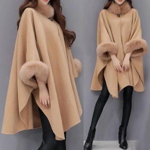 Ladies Cape Coat Solid Color Faux Fur Fur Tert الخريف الشتاء دافئ فضفاضة منتصف الطول سترة للبونتشو لارتداء البوهيمي شال 240108