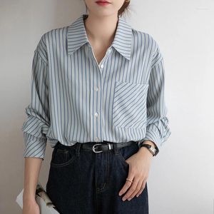 Blusas femininas Qoerlin estilo francês mulheres botão para baixo camisas listradas clássico manga longa colarinho trabalho de escritório tops com bolso