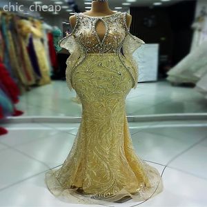 2024 Aso Ebi Cream Mermaid Prom Dress Crystals Beaded Luxurious Evening Formal Party Second Reception Birthday Engagement Gowns Dresses Robe De Soiree ZJ429