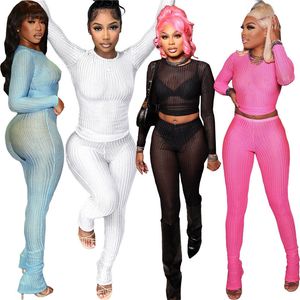 2024 Designer Tracksuits Two Piece Sets Women Outfits XS Spring Sweatsuits Long Sleeve T-shirt Pants Casual Hollow Out See Through Clothes Wholesale 10523