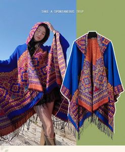 Kadınlar Bölünmüş Kapşonlu Şal Etnik Taklit Kaşmir Panmir Kalın Sıcak Tassel Pelerin Erkek Pelerin Paltoları Sonbahar Kış 240108