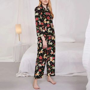 Floral Horse Skulay Bahar Hayvan Sevgilisi Atlar Serin komik gündelik büyük boy pijama setleri kadın uzun kolu y2k günlük geceleme 240108