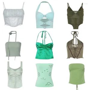 Kvinnors tankar maemukilabe fairy coquette rygglös halter skörd topp kvinnor sommargrön sexig camisole y2k estetik vintage ärmlös tank