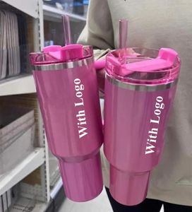 Pink Cosmo Parade Flamingo Flamingo tumbler quencher H2.0 40oz من الفولاذ المقاوم للصدأ من الكؤوس السيليكون مقبض مقبض غطاء القش الثاني من الأقدام