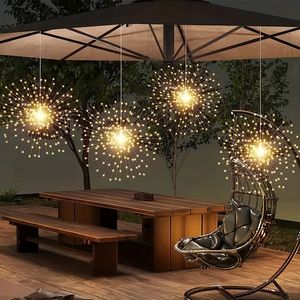 1 Set 4 In 1 Hanging Solar Fireworks Lights, 360LED,Christmas Star Burst Lights, Outdoor Waterproof Lights, 8 Modes Remote Control Fairy Decorative Lights