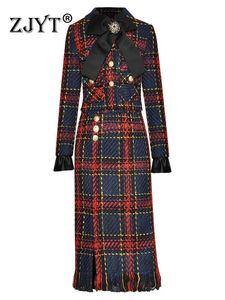 ZJYT Autumn Winter Plaid Tweed Woolen Dress sätter två stycken för kvinnors outfit Elegant vintage Bow Jacket kjoldräkt Office Party 240109