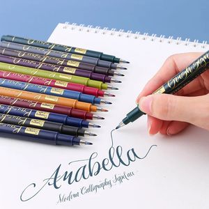 12 Renk/Set Yazma Fırça Kalemi Kaligrafi İşaretçi Pens Set Çizim Boyama Suluboya Sanat Fırça Kalemi 240108