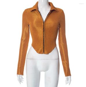 Women's T Shirts Women Slim Fit Top Solid Fashion Hooked Jacket Coats Vintage Long Sleeve Zipper Lapel Casual Female Outerwear Elegant Short