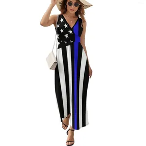 Casual Dresses American Thin Blue Line Flag Mönster Black (1) Klänning Trendy Maxi V Neck Graphic Boho Beach Long Street Fash