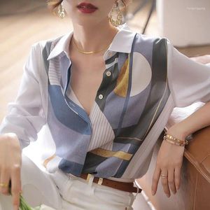 女性用ブラウス韓国衣類女性長袖のサテンシャツ春秋のオフィスレディー印刷ファッションユースシックかなりゆるいカジュアル