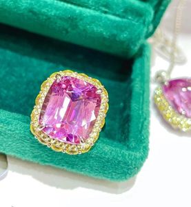 Cluster Rings LR Kunzite 12ct Fine Jewelry Solid 18K Gold Nature Clean Gemstones Diamonds Female For Women Ring