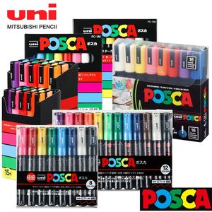 Маркер для акриловой краски Uni PoscaPC-5M PC-3M PC-1M PC-17K PC-8K 7/8/12/15/24/29 в упаковке, набор ручек для рисования наскальных рисунков 240108