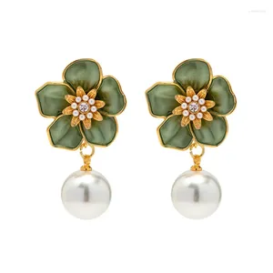 Dangle Earrings ALLME Vintage Green Enamel Camellia Long 18K Real Gold Plated Brass Imitation Pearl Flower Earring For Women